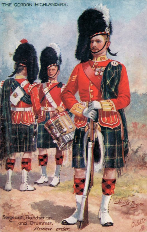 The Gordon Highlanders, Sergeant, Bandsman, and Drummer, Review Order by Harry Payne