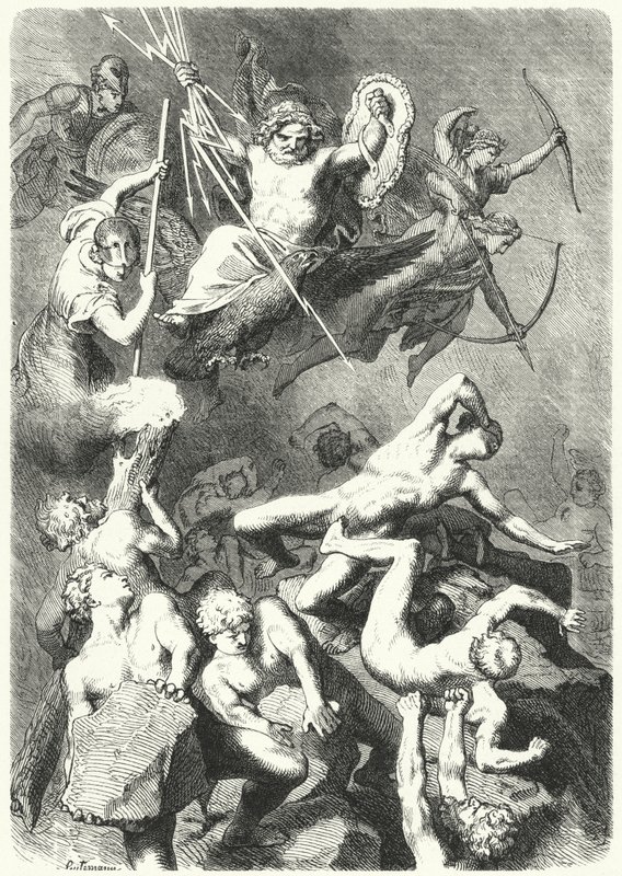 Battle Between the Ancient Greek Gods and the Titans (engraving) by Heinrich Leutemann