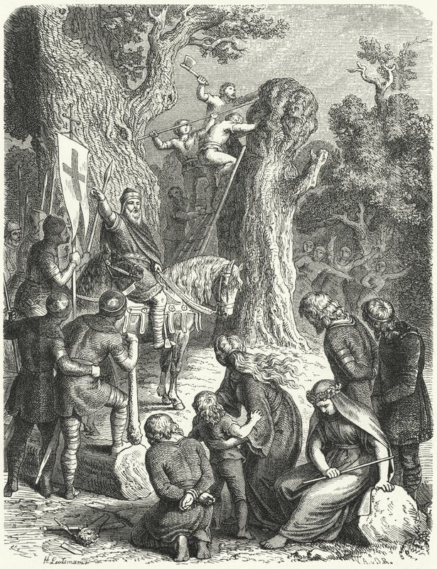 Charlemagne orders the felling of the Irmensaule, sacred oak tree of the Saxons, 772 by Heinrich Leutemann