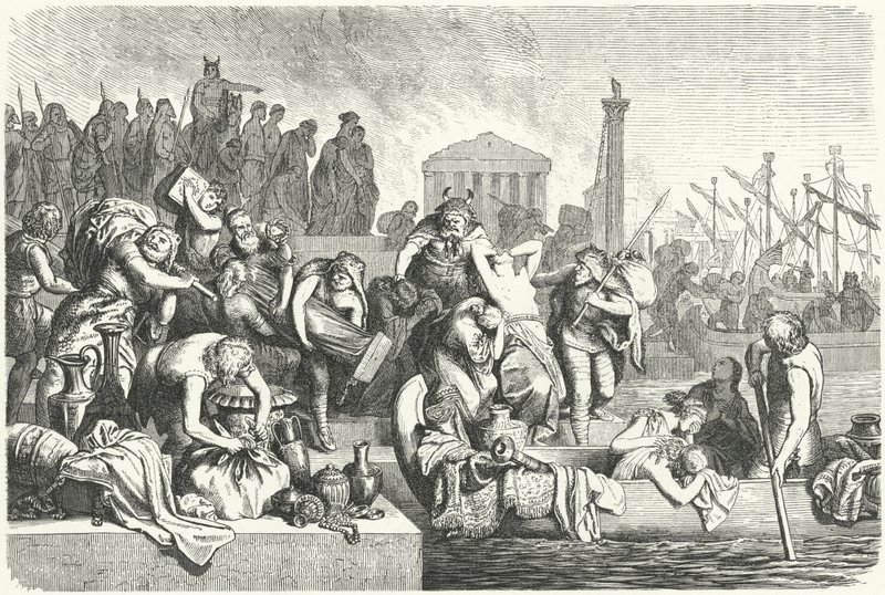 Departure of a Vandal Fleet Laden with Booty from a Sacked City (engraving) by Heinrich Leutemann