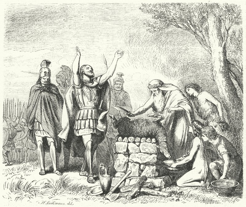Pausanias Making a Sacrifice to the Gods Before the Battle of Plataea, 479 BC (engraving) by Heinrich Leutemann