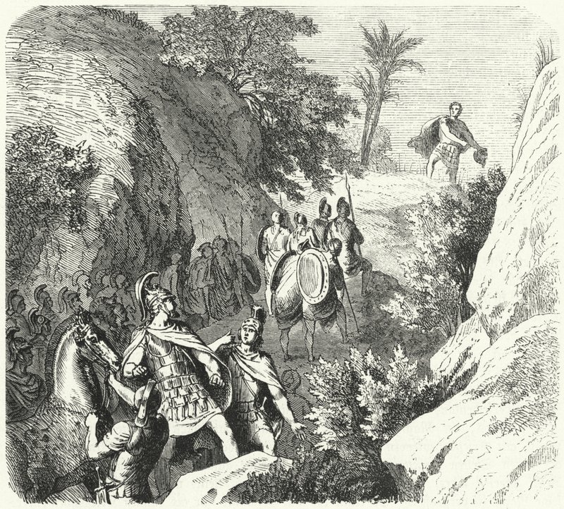 Perseus of Macedon on the march through the gorges of Thessaly (engraving) by Heinrich Leutemann