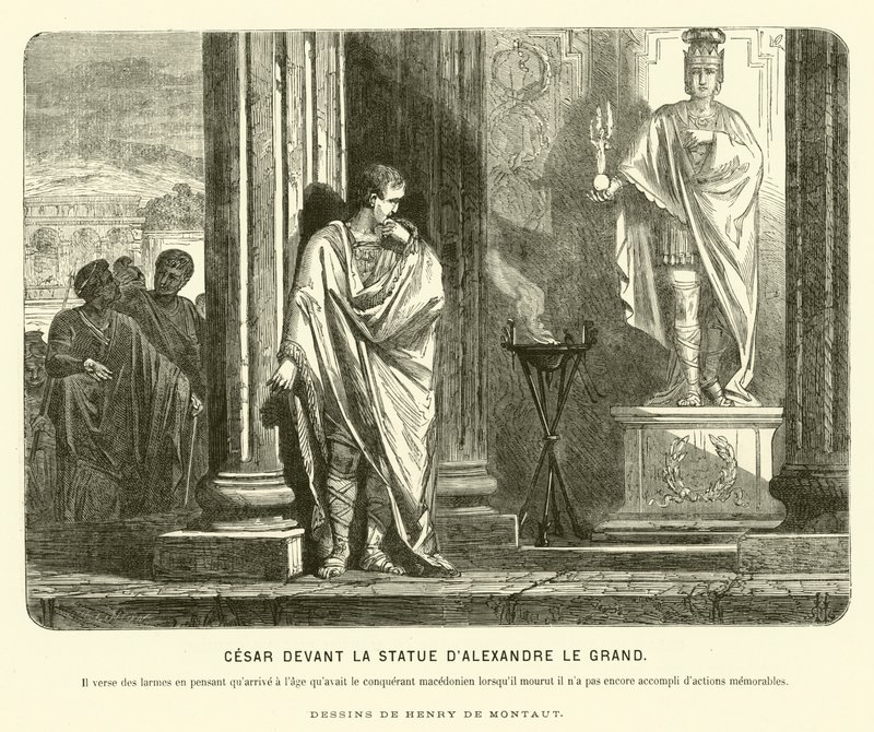 Julius Caesar before a statue of Alexander the Great in Spain, lamenting the scale of his achievements compared to Alexander