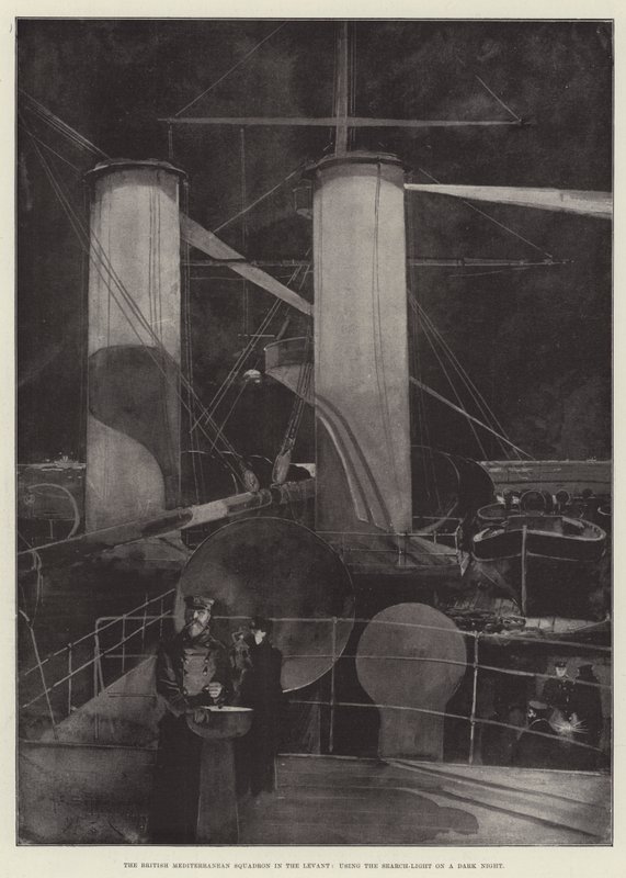 The British Mediterranean Squadron in the Levant, Using the Search-Light on a Dark Night by Henry Charles Seppings Wright