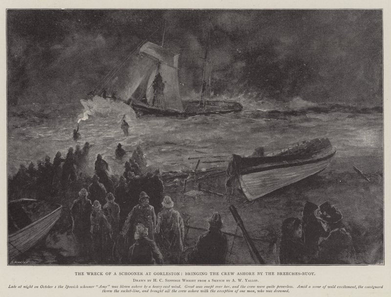 The Wreck of a Schooner at Gorleston, bringing the Crew Ashore by the Breeches-Buoy by Henry Charles Seppings Wright