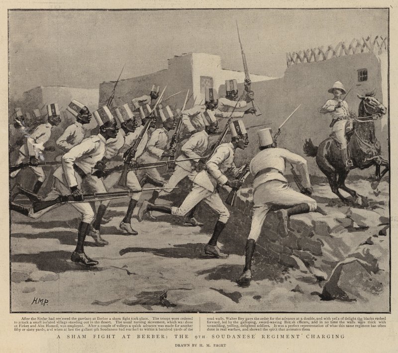 A Sham Fight at Berber, the 9th Soudanese Regiment charging by Henry Marriott Paget