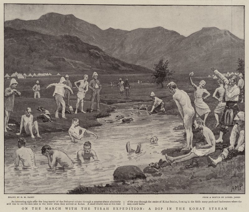 On the March with the Tirah Expedition, a Dip in the Kohat Stream by Henry Marriott Paget