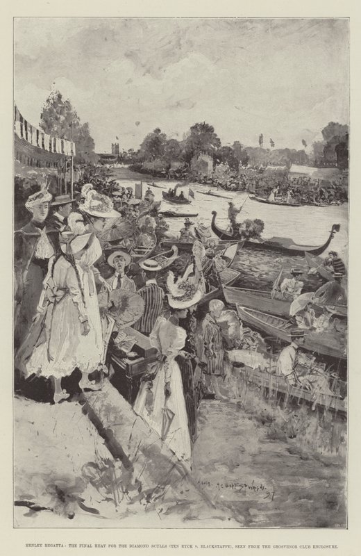 Henley Regatta, the Final Heat for the Diamond Sculls (Ten Eyck v Blackstaffe), seen from the Grosvenor Club Enclosure by Henry Charles Seppings Wright