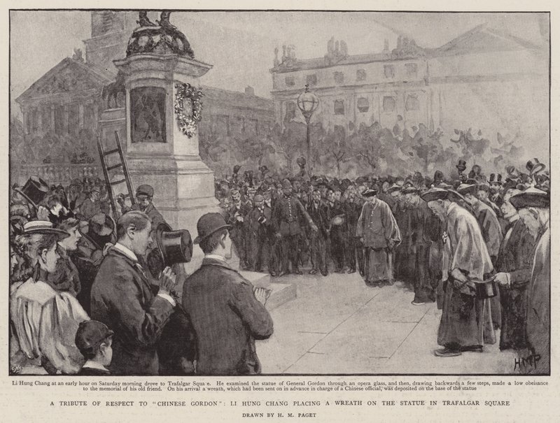 A Tribute of Respect to Chinese Gordon, Li Hung Chang placing a Wreath on the Statue in Trafalgar Square by Henry Marriott Paget