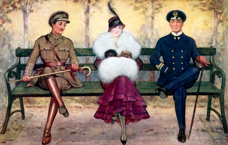 Girl on bench, with soldier and sailor on either side by Henry Stephen Ludlow