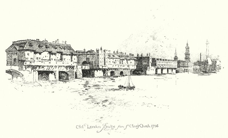 Old London Bridge, from St Olave’s Church by Herbert (after) Railton