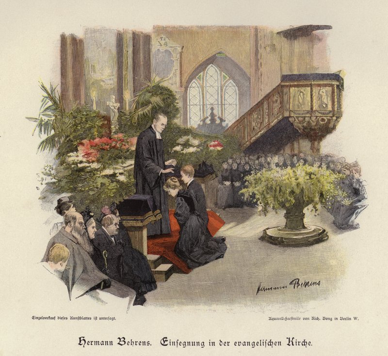 Confirmation Service in an Evangelical Church (coloured engraving) by Hermann Behrens