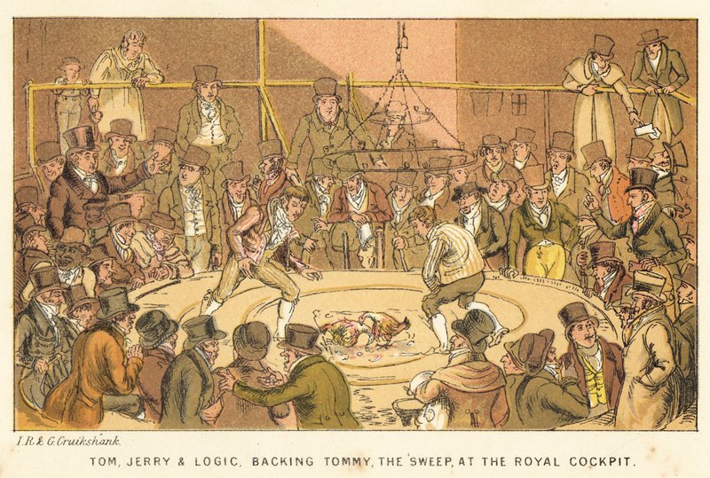 Tom, Jerry and Logic, backing Tommy, the Sweep, at the Royal Cockpit by Isaac, Robert and George Cruikshank