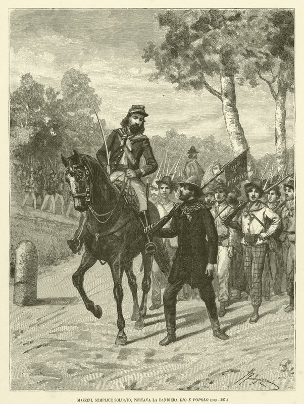 Mazzini, Simple Soldier, Carried the Flag God and People (engraving) by Italian School