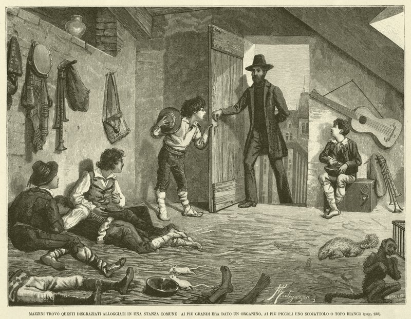 Mazzini Found These Unfortunates Lodged in a Common Room, the Older Ones Were Given a Barrel Organ, the Younger Ones a Squirrel or White Mouse (engraving) by Italian School