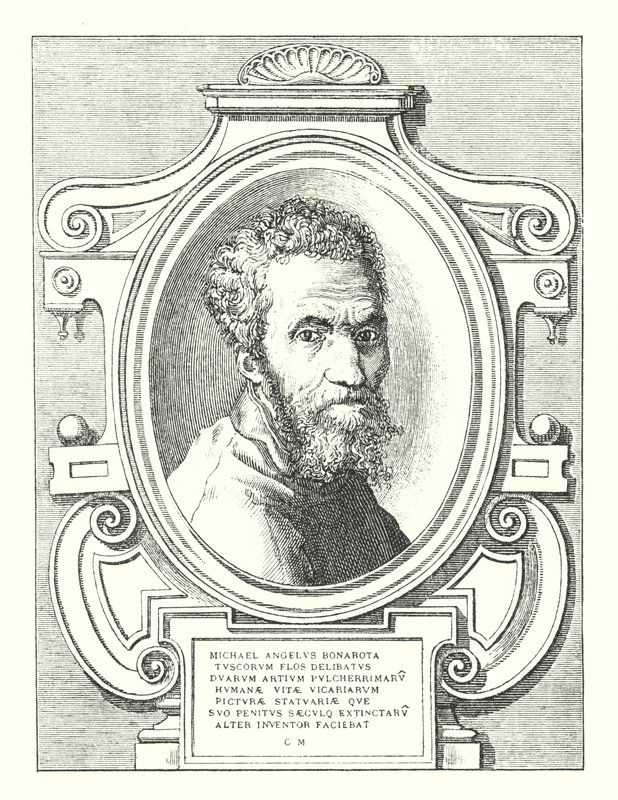 Michael Angelus Bonarota, Flower of the Tuscans, Chosen of Two Arts, Painting and Sculpture, Extinct in His Age (engraving) by Italian School