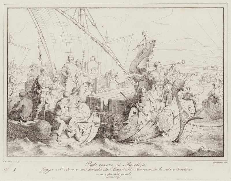 Bishop Paul of Aquileia flees with the clergy and people from the Lombards, bringing the seat with him by Italian School
