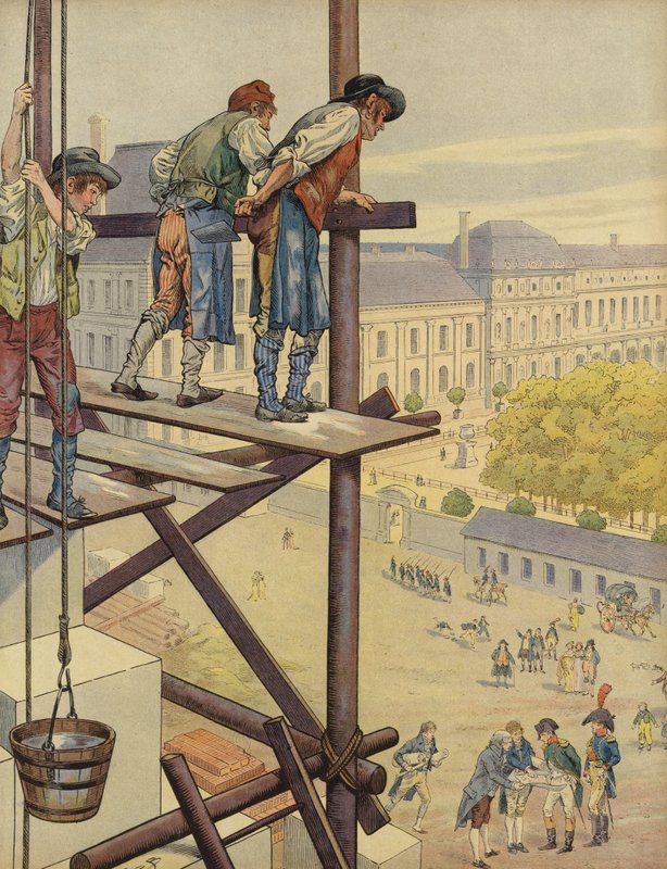 Construction Workers Look Down from the Scaffolding on the Place des Pyramides by Jacques Marie Gaston Onfray de Breville (Job)