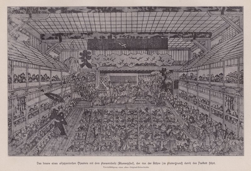 Interior of a traditional Japanese Kabuki theatre showing the Hanamichi running through the audience from the back of the theatre to the stage by Japanese School