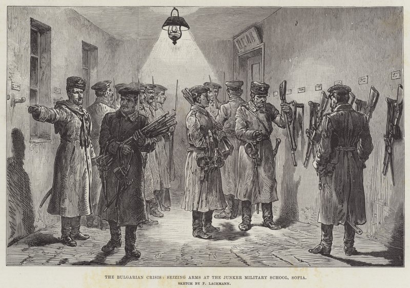 The Bulgarian Crisis, Seizing Arms at the Junker Military School, Sofia by Johann Nepomuk Schonberg