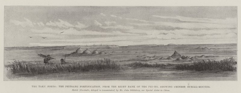 The Taku Forts, the Peitsang Fortification, from the Right Bank of the Pei-ho, showing Chinese Burial-Mounds by Johann Nepomuk Schonberg