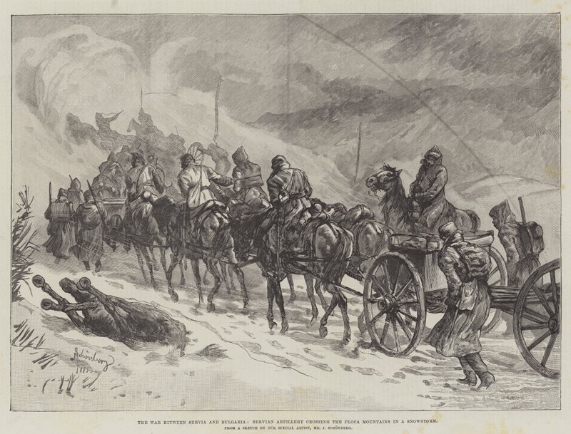 The War between Servia and Bulgaria, Servian Artillery crossing the Ploca Mountains in a Snowstorm by Johann Nepomuk Schonberg