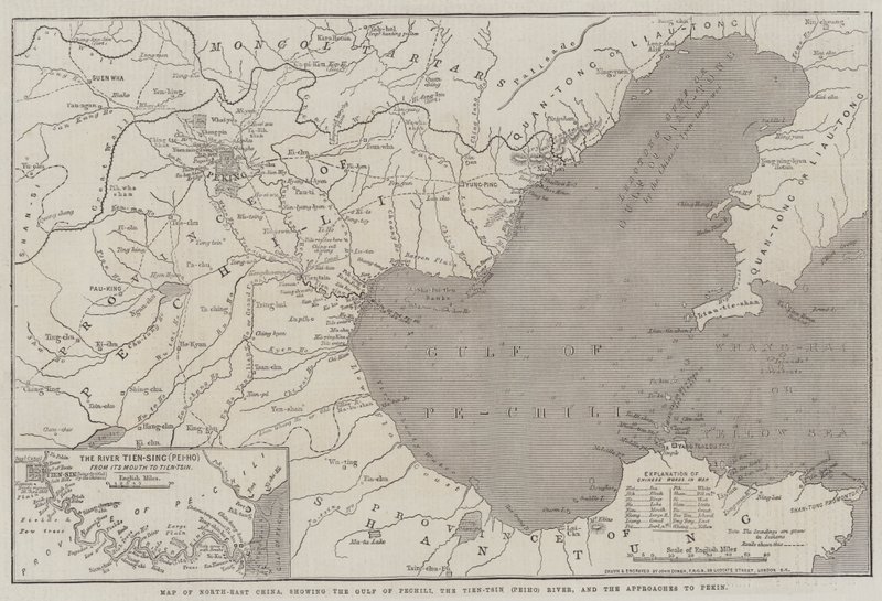 Map of North-East China, Showing the Gulf of Pechili, the Tien-Tsin (Peiho) River, and the Approaches to Pekin by John Dower