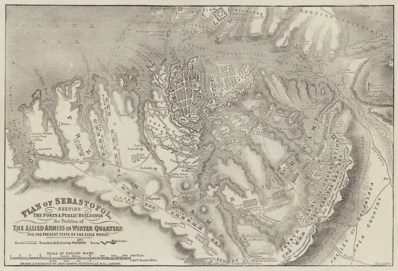 Plan of Sebastopol, showing the Forts and Public Buildings the Position of the Allied Armies in Winter Quarters by John Dower