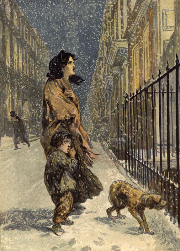 The homeless poor, mother and child with dog in the snow by John Gilbert