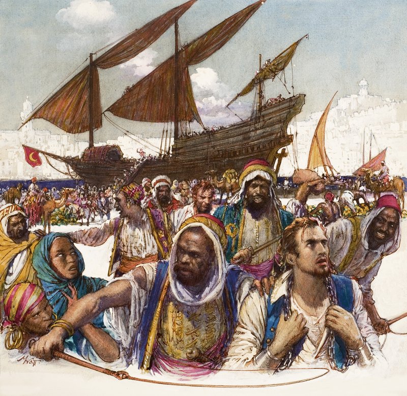 Captives of Arabs led in chains from the docks, with dhow in background by John Millar Watt
