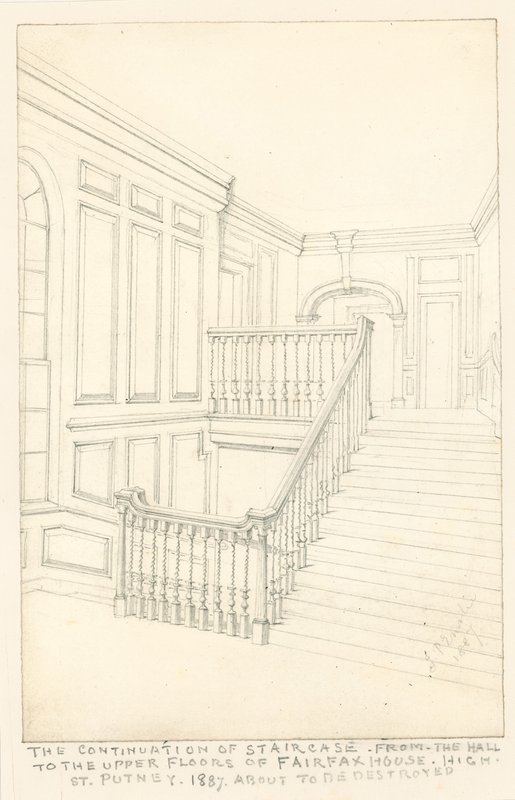 The continuation of staircase, from the hall to the upper floors, of Fairfax House, High Street, Putney by John Phillipp Emslie