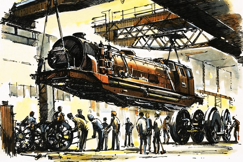 A Beyer-Garratt boiler section lifted clear of the two end units during an overhaul by John S. Smith