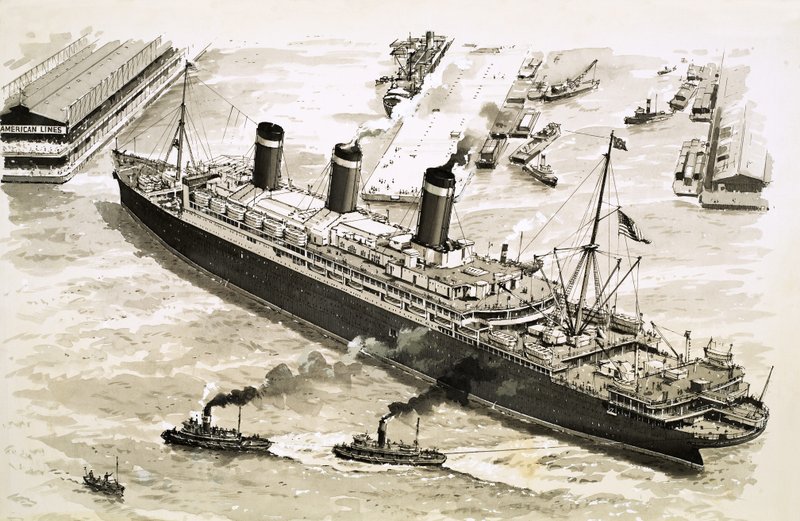 The Steamer Leviathan is Coaxed Towards a Pier at New York Harbour by Tugs by John S. Smith