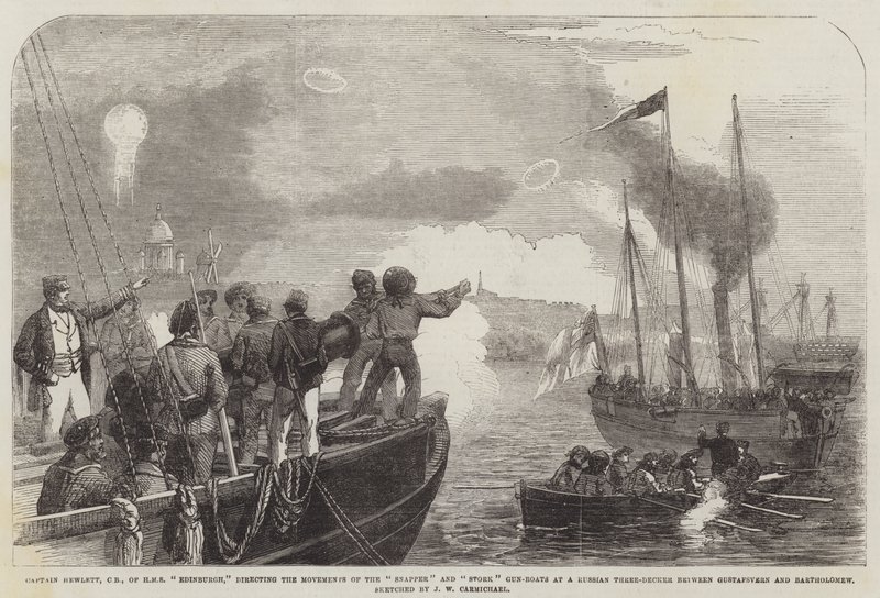 Captain Hewlett, CB, of HMS Edinburgh, Directing the Movements of the Snapper and Stork Gun-Boats at a Russian Three-Decker between Gustafsvern and Bartholomew by John Wilson Carmichael