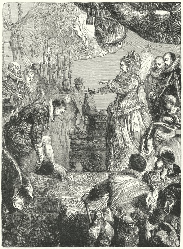 Sir Francis Drake receiving his knighthood from Queen Elizabeth I, 1581 by John after Gilbert