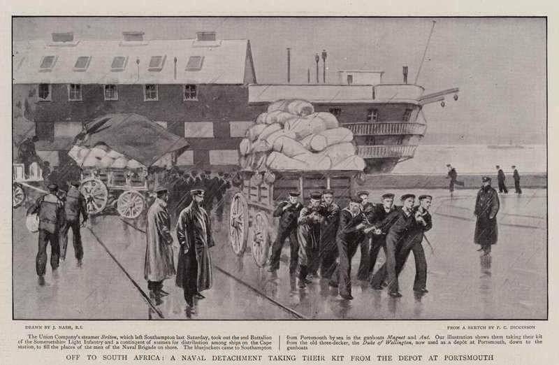 Off to South Africa, a Naval Detachment taking their Kit from the Depot at Portsmouth by Joseph Nash