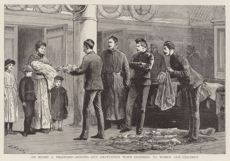 On Board a Troopship, Serving out gratuitous warm clothing to Women and Children by Joseph Nash