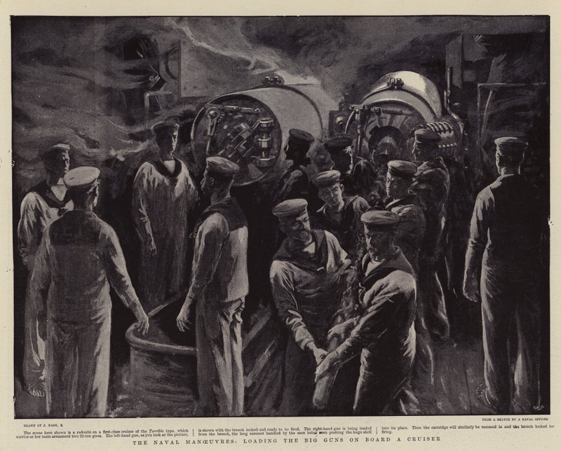 The Naval Manoeuvres, loading the Big Guns on Board a Cruiser by Joseph Nash