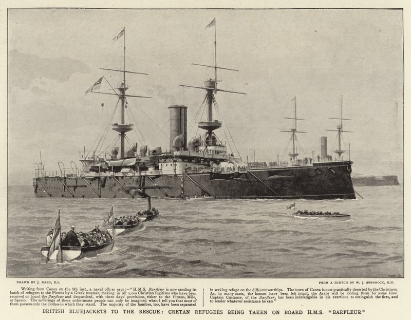 British Bluejackets to the rescue, Cretan Refugees being taken on Board HMS Barfleur by Joseph Nash