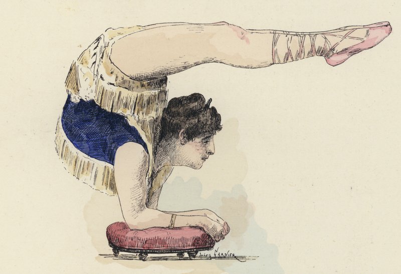Female gymnast doing elbow stand by Jules Arsene (after) Garnier