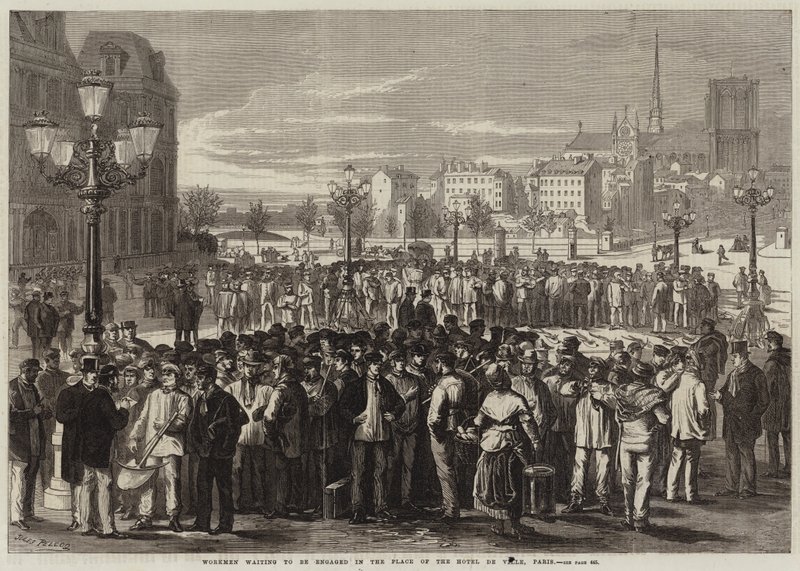 Workmen Waiting to be Engaged in the Place of the Hotel de Ville, Paris by Jules Pelcoq