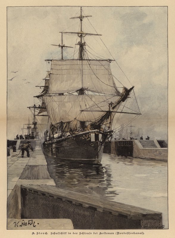 Training ship in the lock at Holtenau on the Kiel Canal, Germany (colored engraving) by Karl Storch
