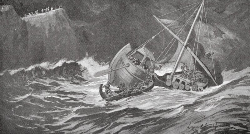 The timber ship was caught in a storm and the monks went to its aid in small boats by Lancelot Speed