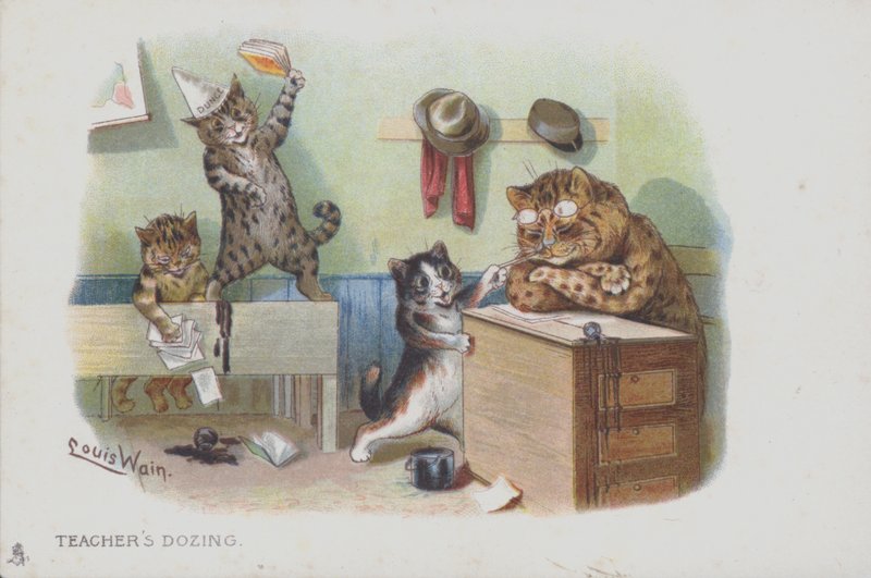 Cats in a classroom: the teacher is dozing and so the students are misbehaving by Louis (after) Wain