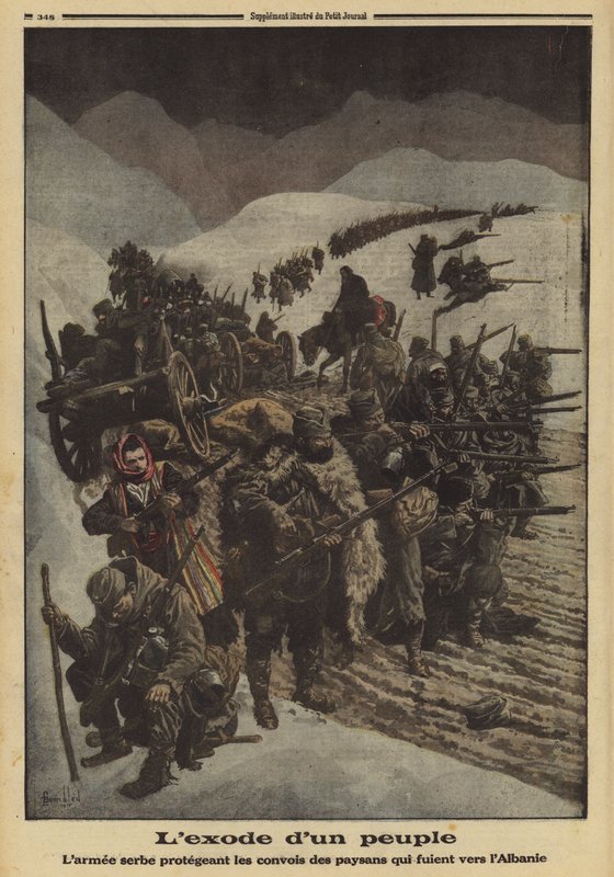 Exodus of a people: the Serbian army protecting a column of peasants fleeing to Albania, World War I by Louis Charles (after) Bombled
