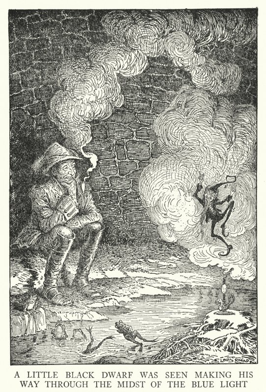 A little black dwarf was seen making his way through the midst of the blue light by Louis John Rhead