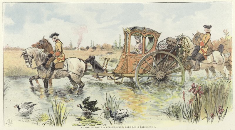A woman riding in a horse-drawn carriage as it travels through a river by Louis Vallet