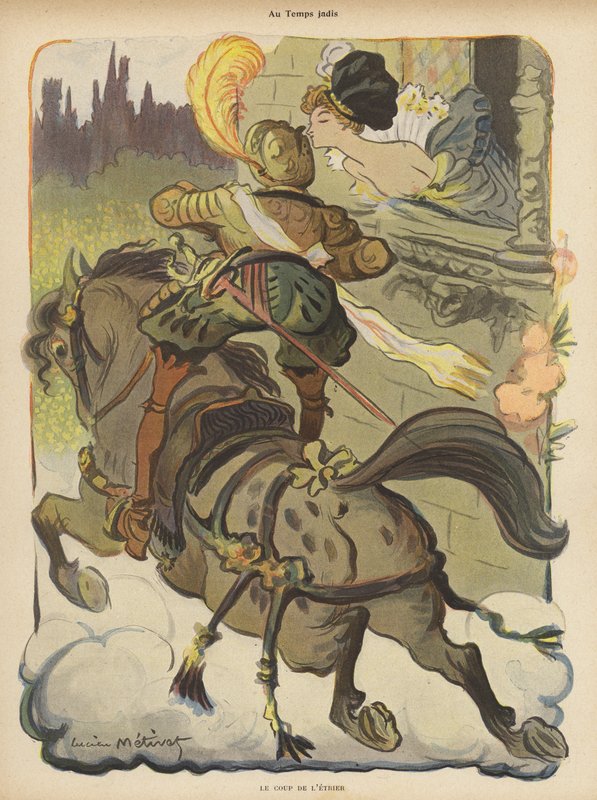 Horseman standing up in his stirrups to receive a kiss from a lady as he rides past her by Lucien Metivet