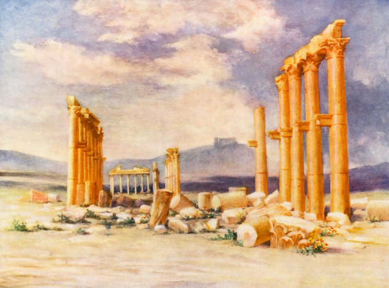 Colonnade, Palmyra, with Druze Castle in the Distance by Margaret Thomas