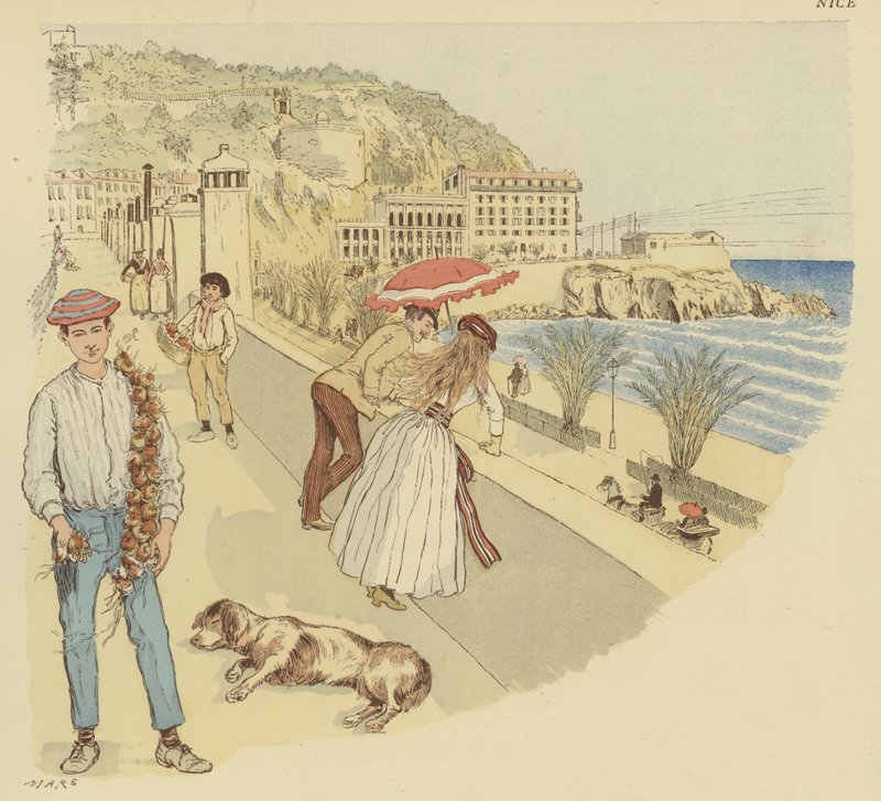 An onion seller with his wares and people enjoying the terrace leading up to the mountain of the Rauba-Capeu, Nice by Maurice Charles Mathieu Bonvoisin